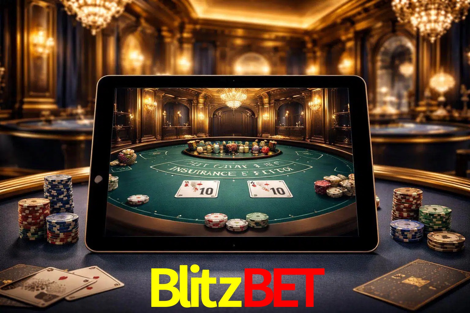 Configuración moderna de casino en vivo con una tableta mostrando una mesa de blackjack, luces cálidas de estudio y una atmósfera elegante de juegos digitales.