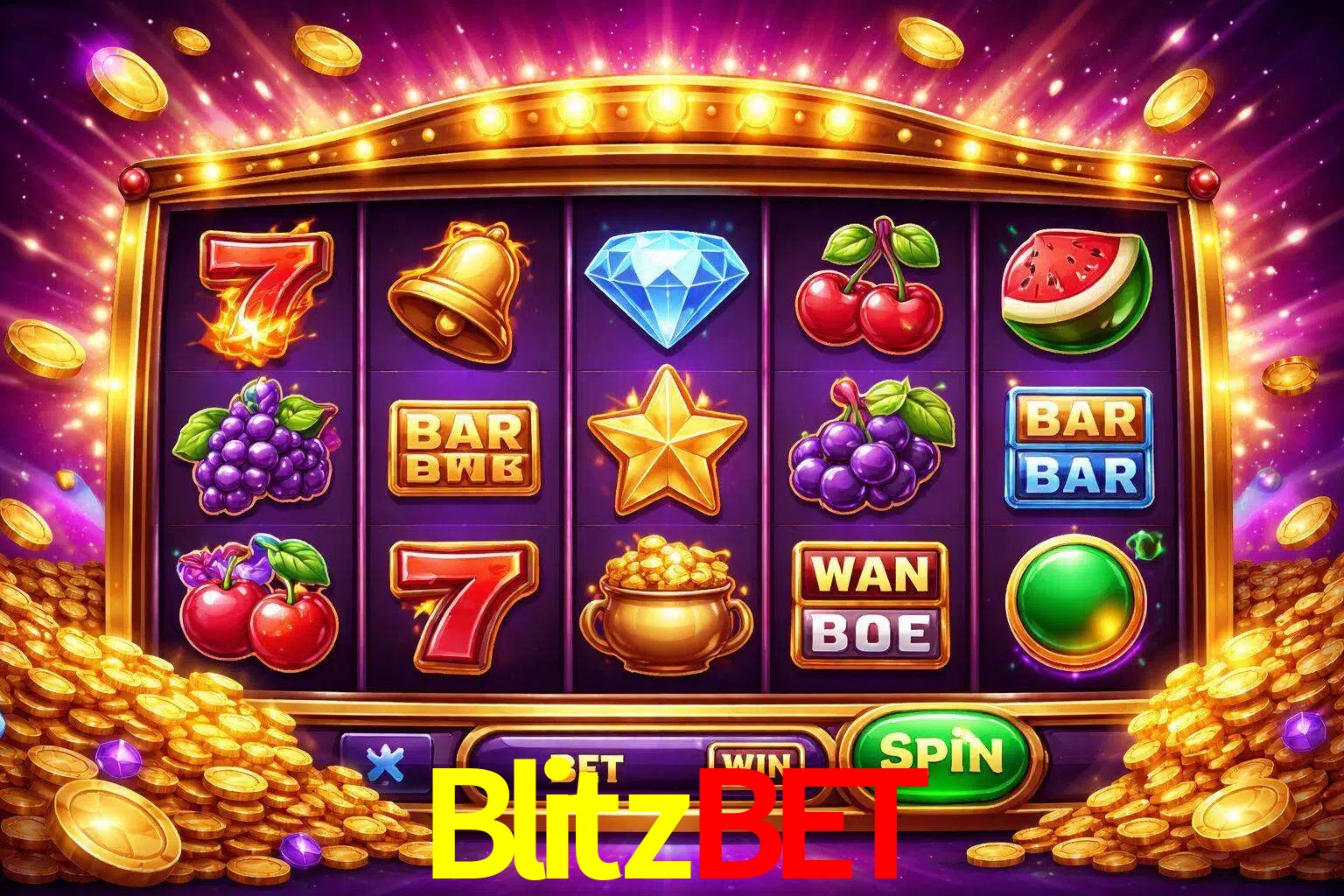 Una interfaz colorida de tragamonedas en línea con símbolos brillantes, monedas y un efecto de victoria celebratoria en Blitzbet.