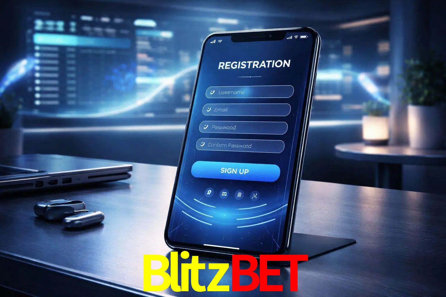 Una interfaz moderna de registro móvil para Blitzbet mostrada en un smartphone con un panel de apuestas elegante.